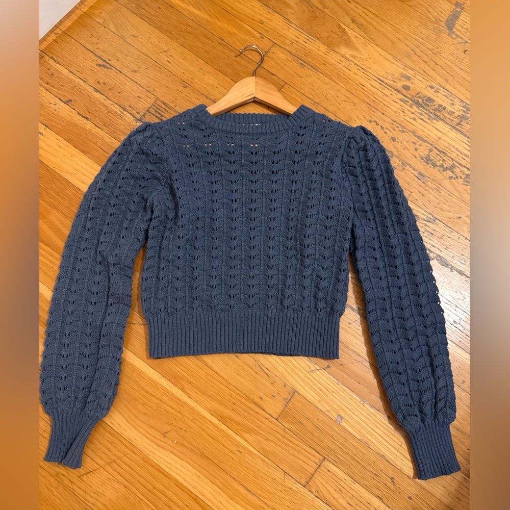 Marled Navy Off-Shoulder Open-Knit Sweater